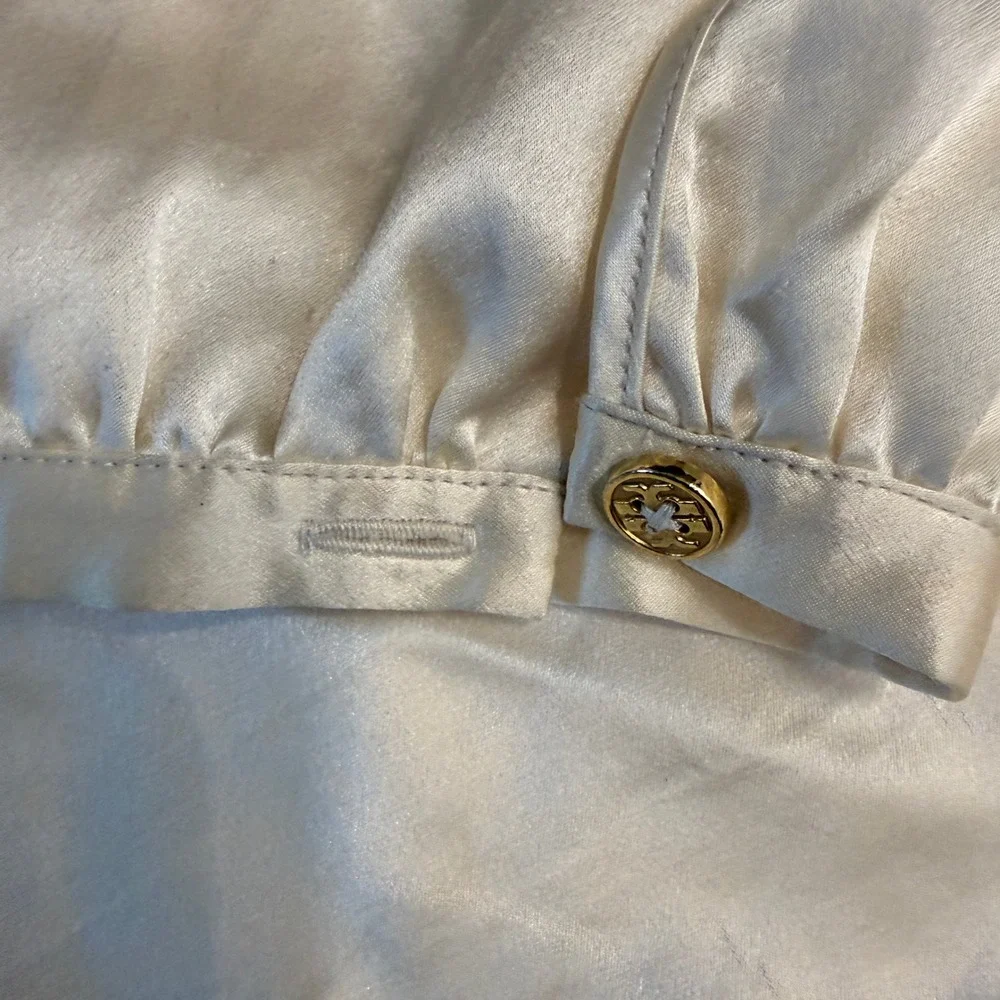 Tory Burch Silk Luxury Blouse Size 6 Off White Bow Neck Gold Button Long Sleeve